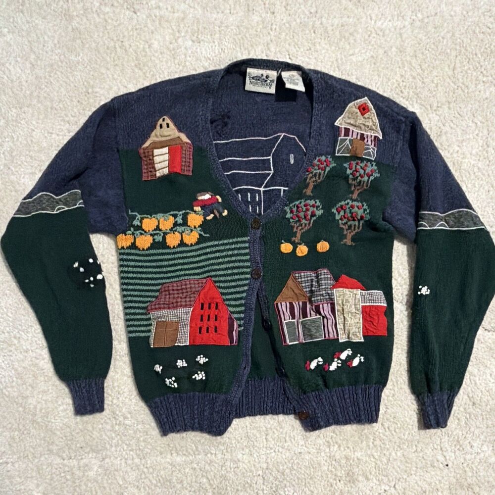 Northern Reflection Womens Size Large Cardigan Knit Sweater Green Blue Barn